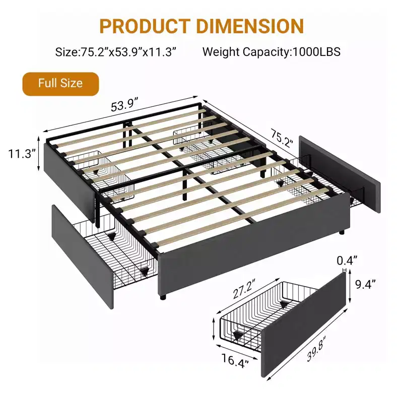 Bed Frame with 4 DrawersFabric Upholstered, Easy Assembly
