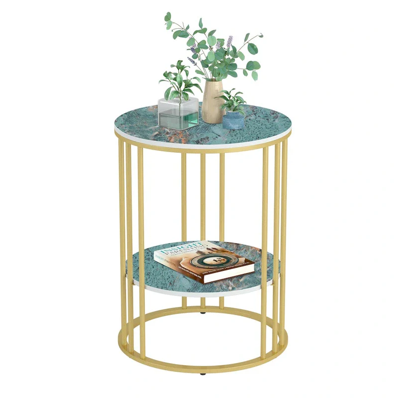 2 Tier Round Sintered Stone End Table Sofa Side Table with Golden Frame