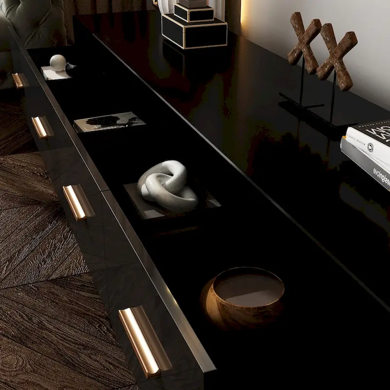 Black Entertainment Center Spacious Luxurious TV Stand Golden Accents - 70.9