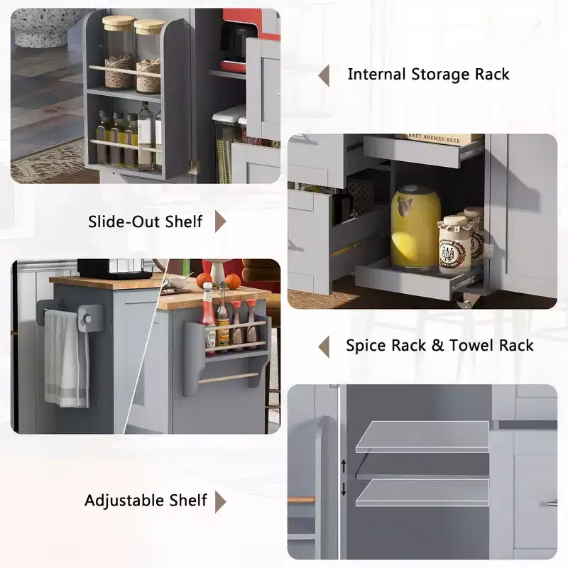 MAYEERTY Black Rolling Kitchen Island with Rubber Wood Top, 3 Drawers 2 Slide-Out Shelves Spice Rack Tower Rack