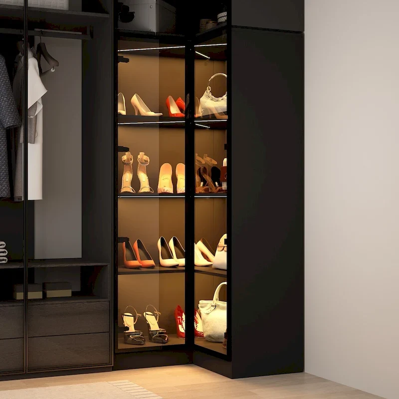 Black Glass Door Wardrobe Set with Lighting Strips, Storage Cabinet