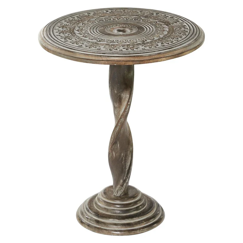 Mango Wood Floral Intricately Carved Side End Accent Table with Spiral Leg and Gray Distressing - Brown - Roche River Decor
