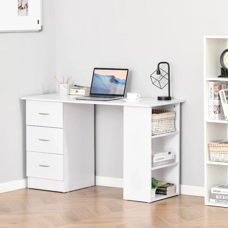 47 Modern Home Office Computer Desk Bookcase Combo Writing Table Workstation with 3 Drawer and Storage Shelf - White