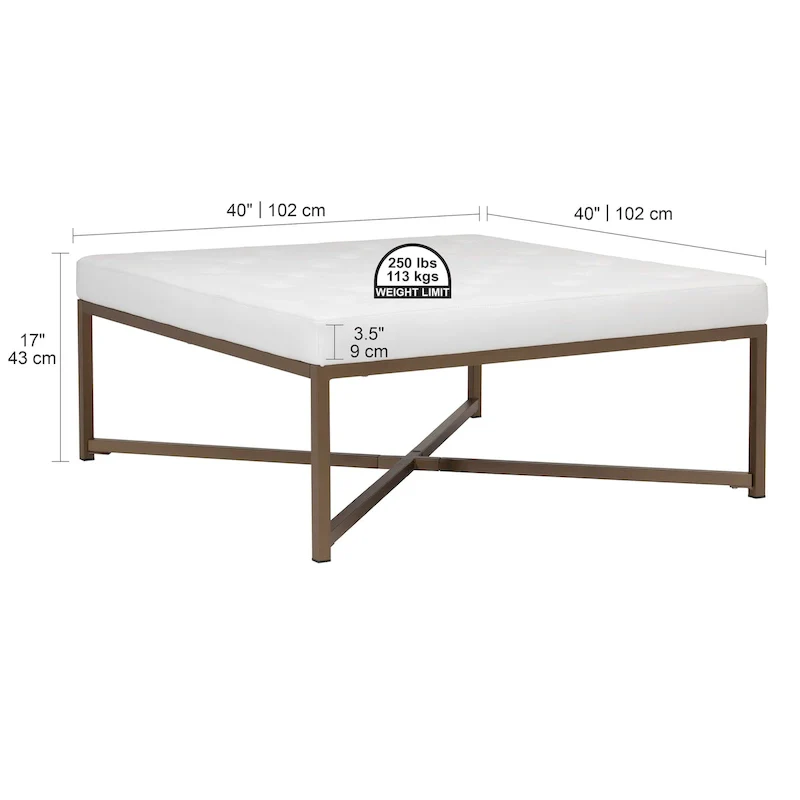 Metal and Tufted Leather Large Cocktail Ottoman