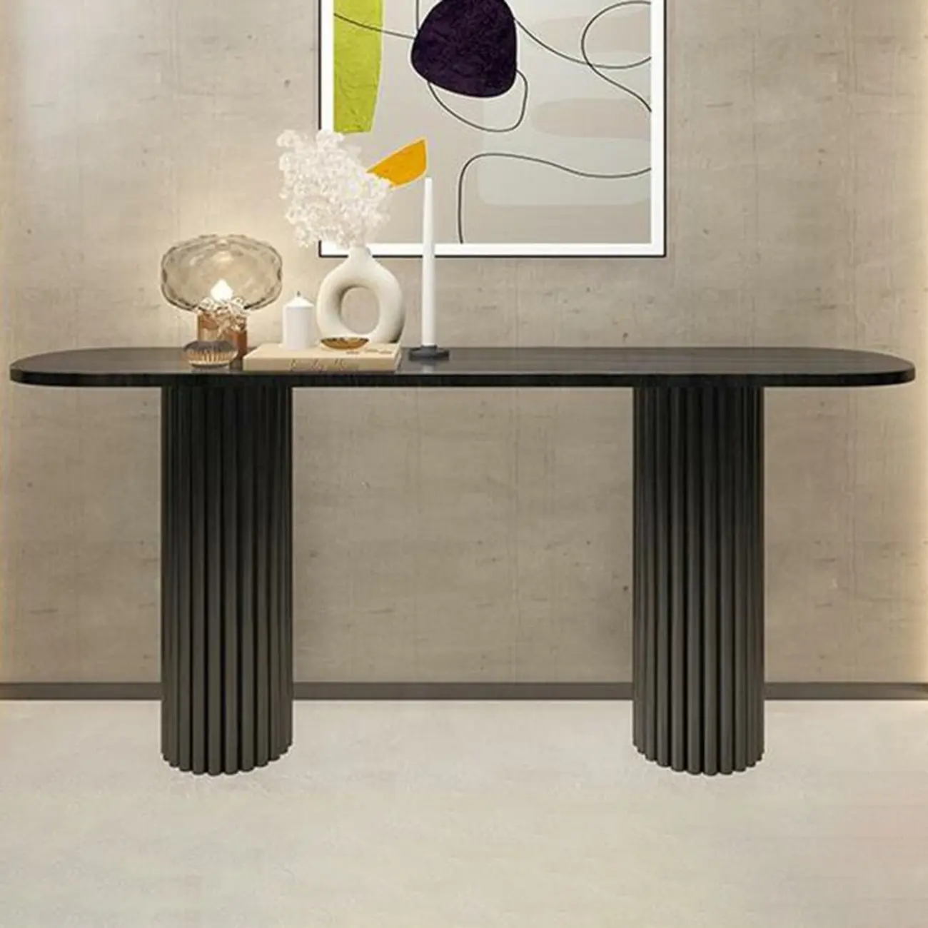 Natural Oval Wooden Double Pedestal Console Table