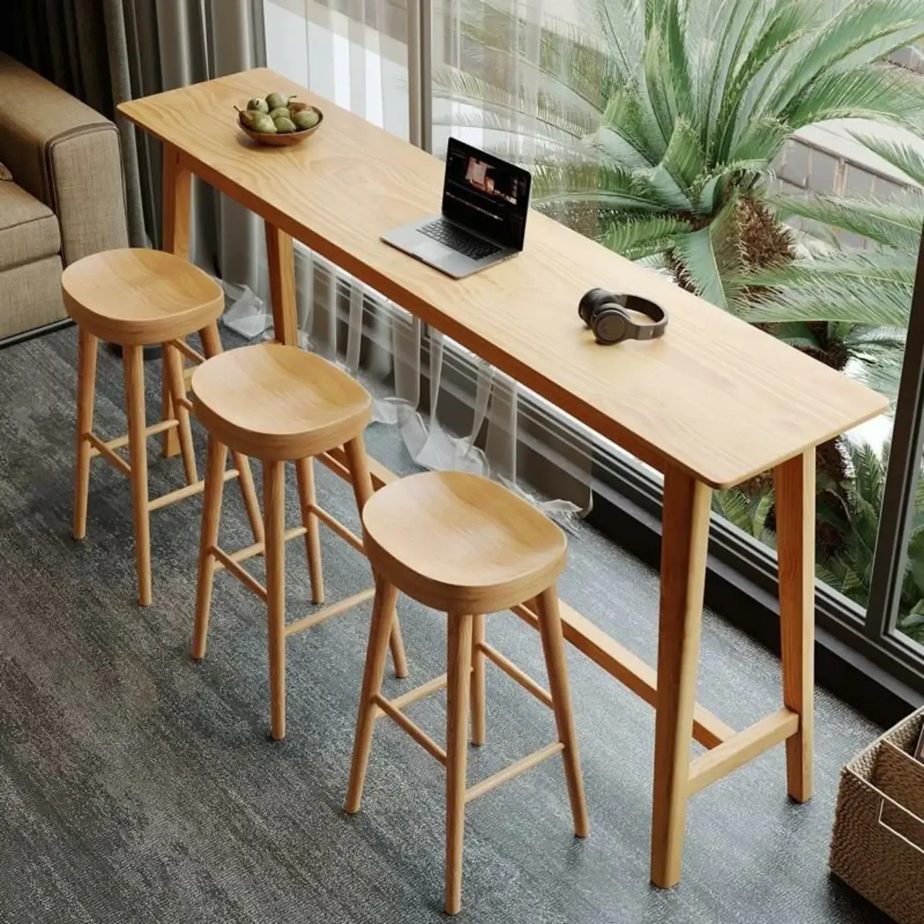Natural Finish Wooden Bar Set with Table and Stools