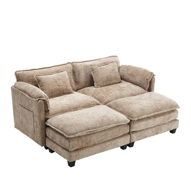 76.77  Chenille Upholstered Sofa with 2 Ottomans