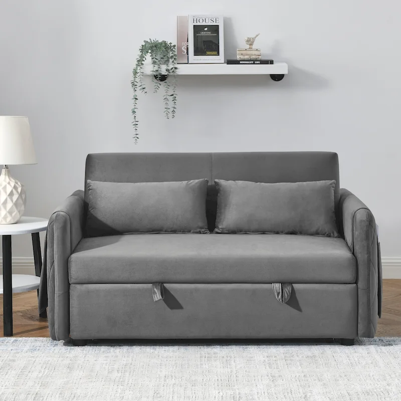 Modern Convertible Velvet Loveseat Sofa Sleeper Sofa Bed with 2 Pillows