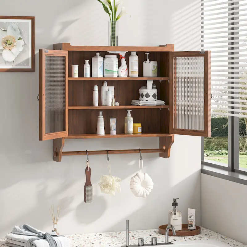 Glass Door Wall Cabinet With Three Tiers of Storage