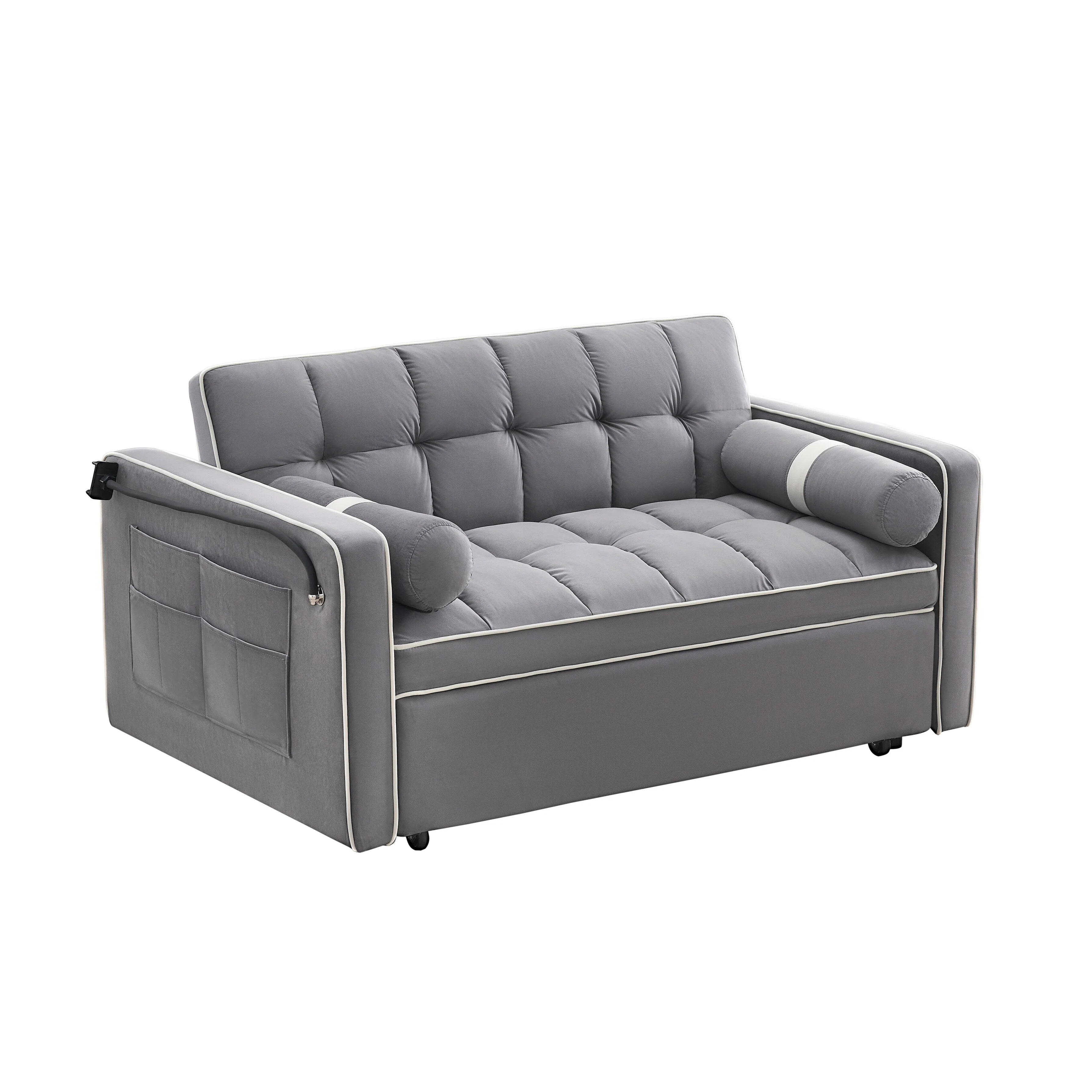 Velvet Convertible 55'' 2-Seater Sleeper Sofa with Pull-Out Bed, Adjustable Recline, Side Pockets, and Phone Holder