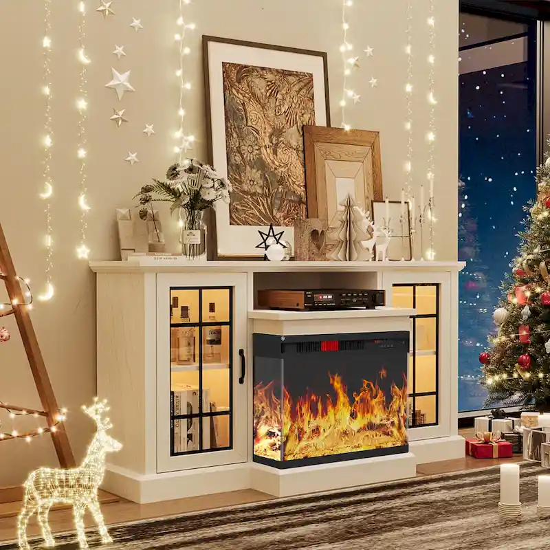 Fireplace TV Stand with All-Sided Glass Electric Fireplace