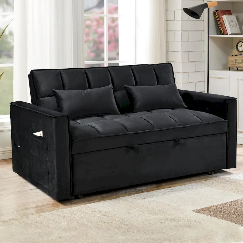 Modern Velvet Loveseat Futon Sofa Couch Pullout Bed, Small Love Seat Lounge Sofa w/Reclining Backrest, Toss Pillows, Pockets