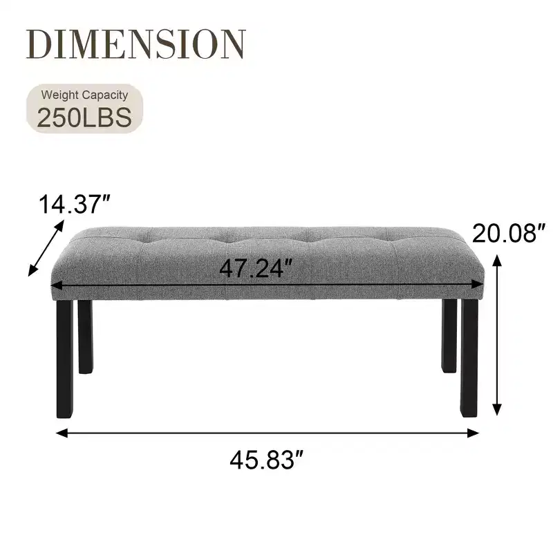 Modern Tufted Linen Dining Bench with Rubber Wood Legs
