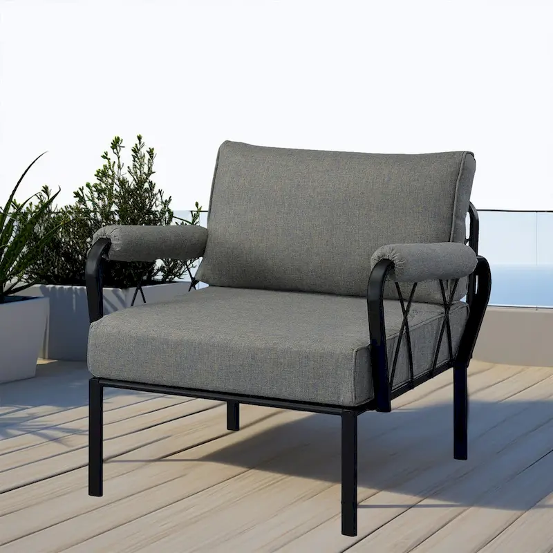 Patio Furniture Set: Armless Chair, Arm Chair, and Ottoman in Gray Fabric & Black Finish
