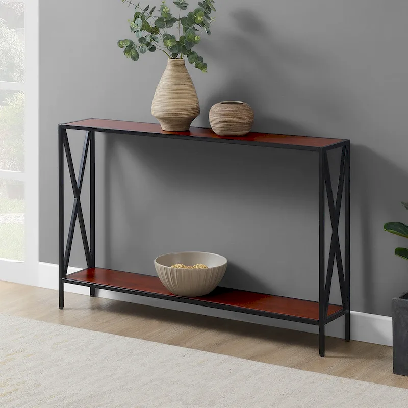 Farmhouse Industrial Console Table with Shelf