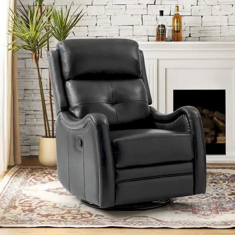 Genuine Leather Swivel Rocker Recliner with Nailhead Trims by