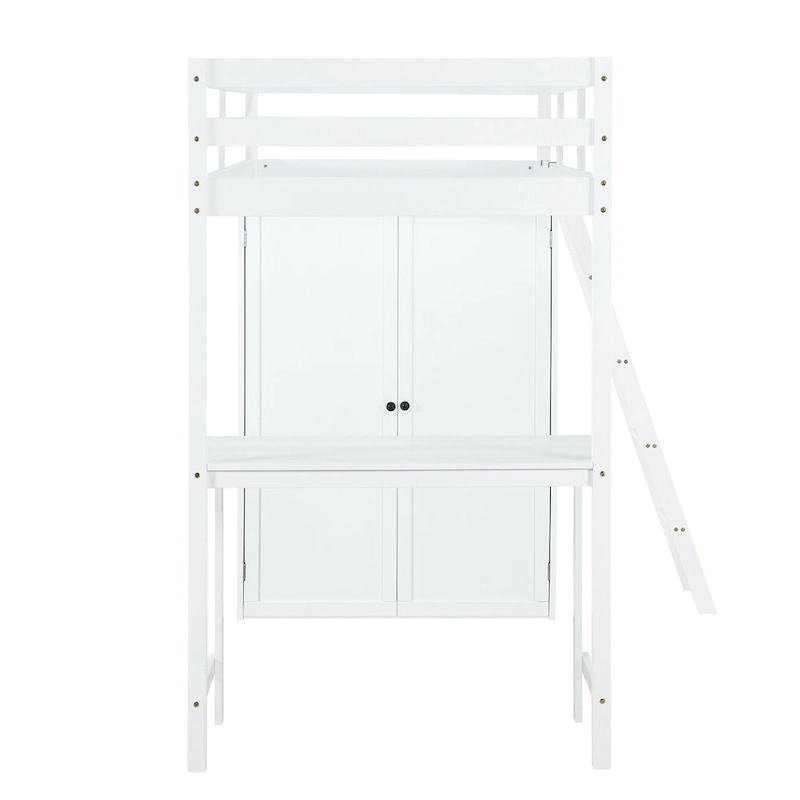 Solid Pine Loft Bed with Wardrobe, Desk, Shelves, and Guardrail