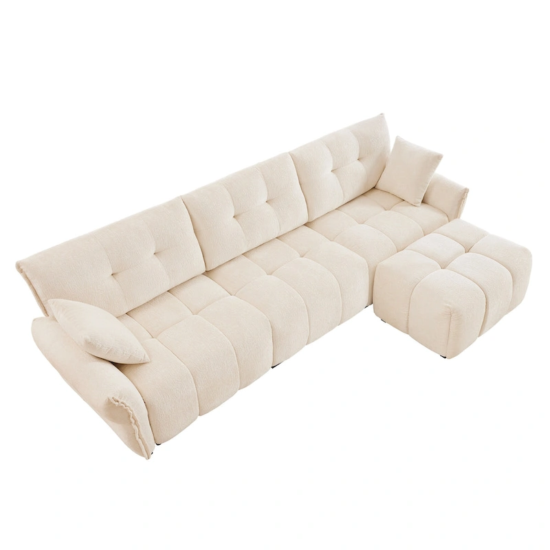 110.2 Chenille 3-Seater Sofa Set with Ottoman and Pillows, Solid Wood Frame and High-Resilience Cushions