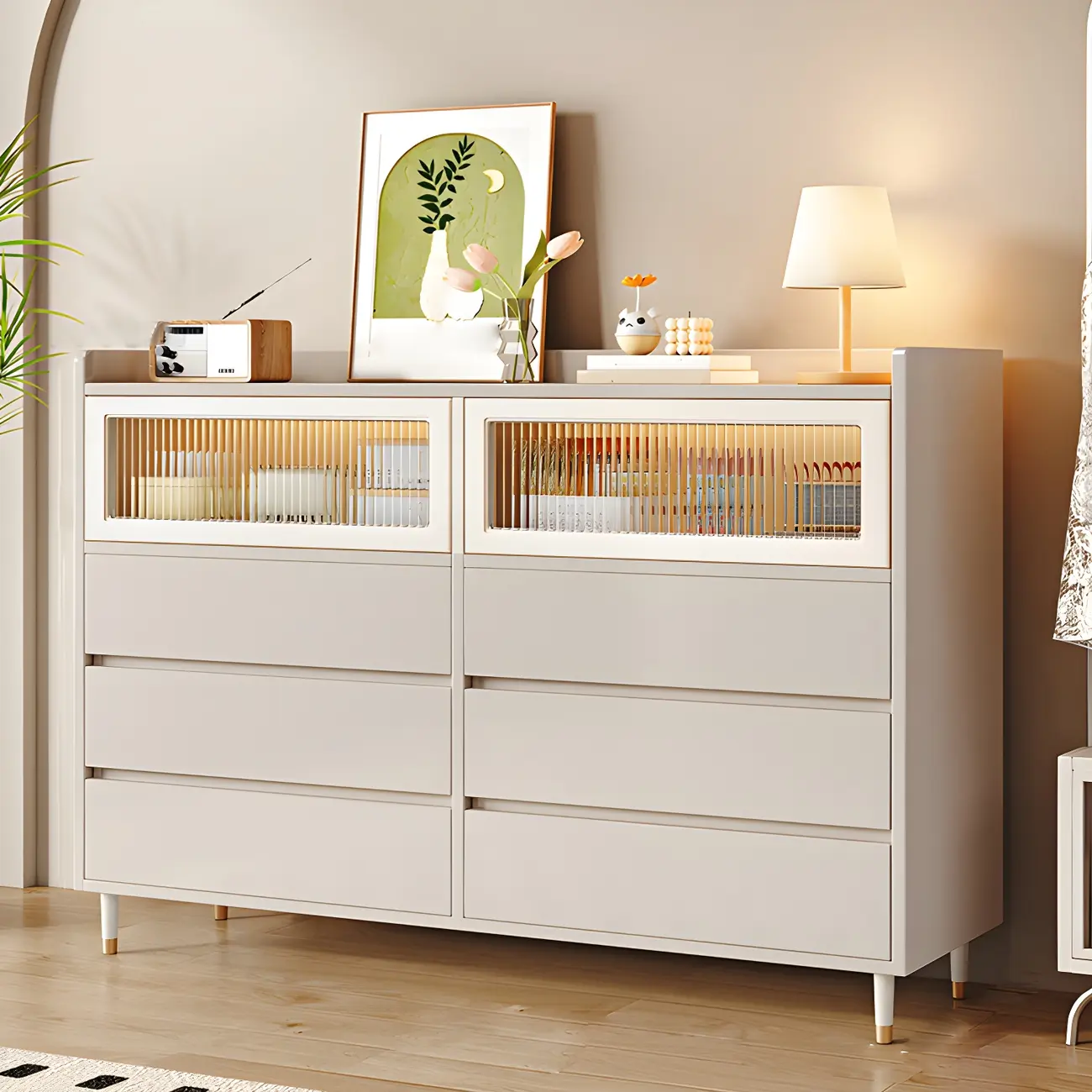 Elegant White Wooden Double Dresser with Cabinets & Drawers