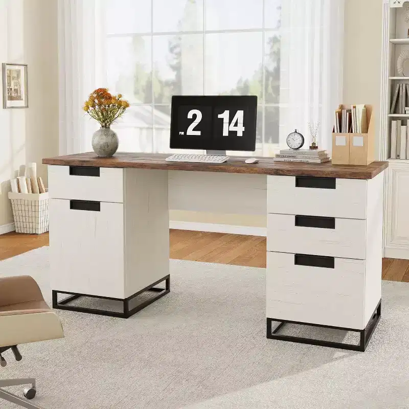 59 Farmhouse Executive Desk with File Drawer, Storage Cabinet & 3 Drawers, Wooden Computer Table for Work and Study