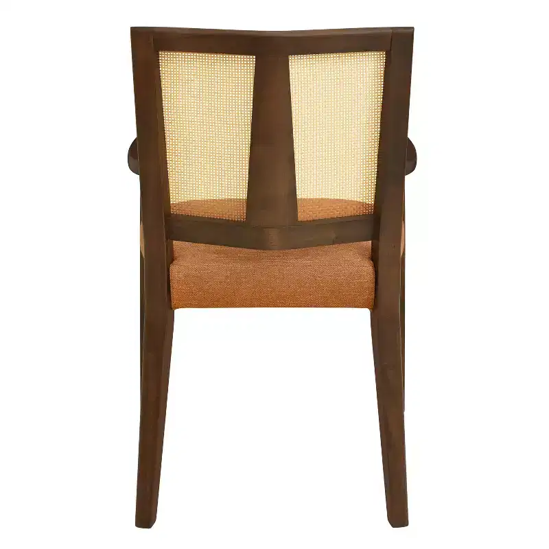 Beige/Dark Brown Upholstered Dining Arm Chairs with Rattan Back, Set of 2