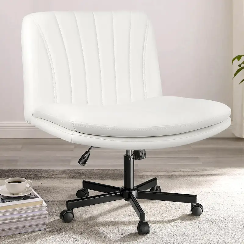 Bossin Criss Cross Chair with Wheels,PU Leather Armless Cross Legged Office chair, Adjustable Wide Seat Task Vanity Chair