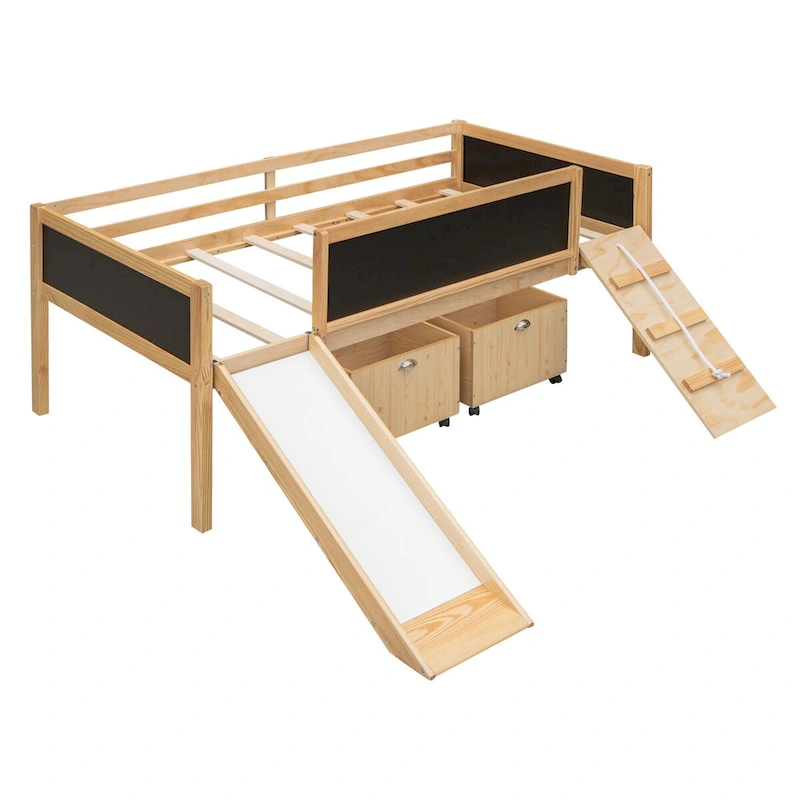 Pine Loft Bed with Climbing Frame, Rope, and Chalkboard