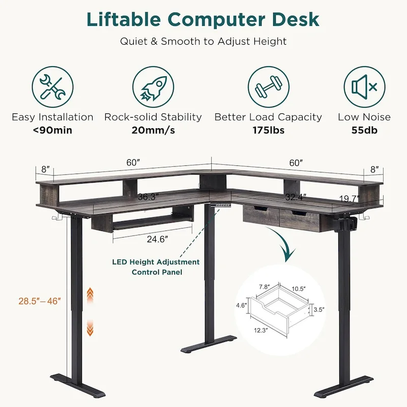 60 L Shaped Electric Comnputer Desk, Height Adjustable Gaming Desk