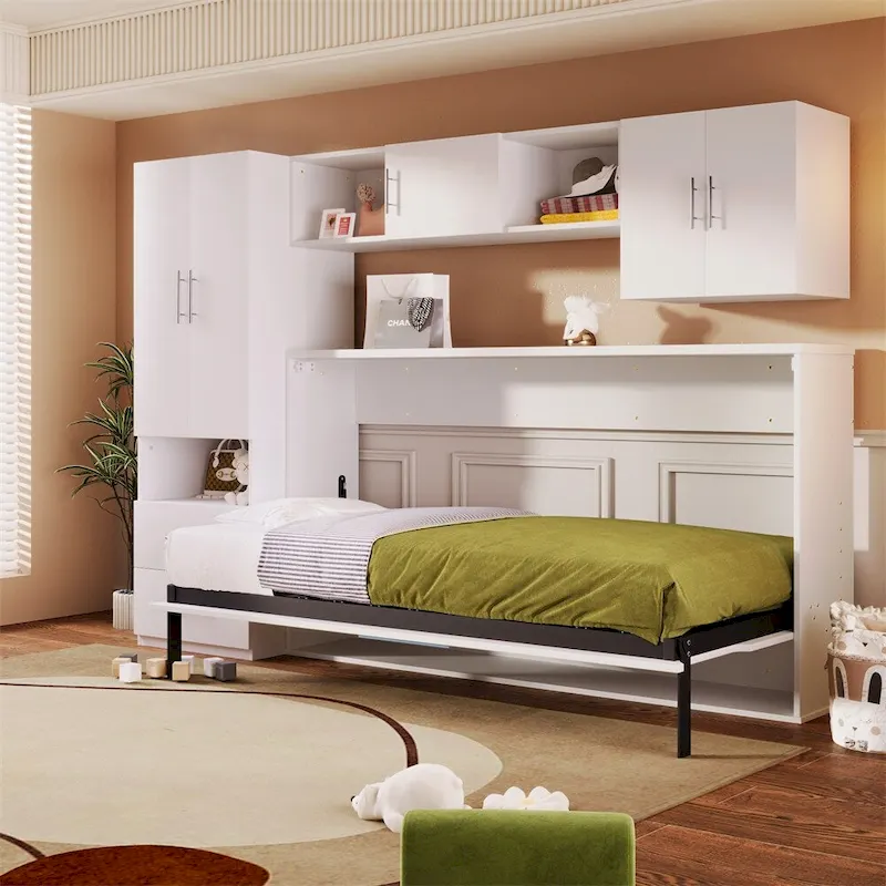 Twin Size Murphy Bed with Open Shelves and Storage Drawers
