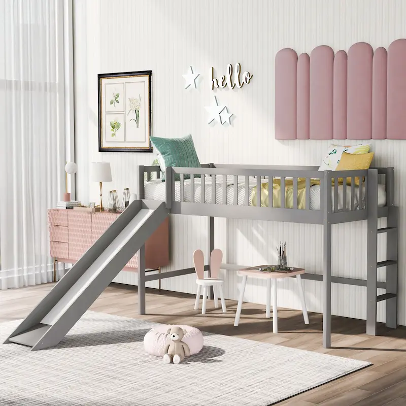 Twin Size Wood Low Loft Bed with Slide