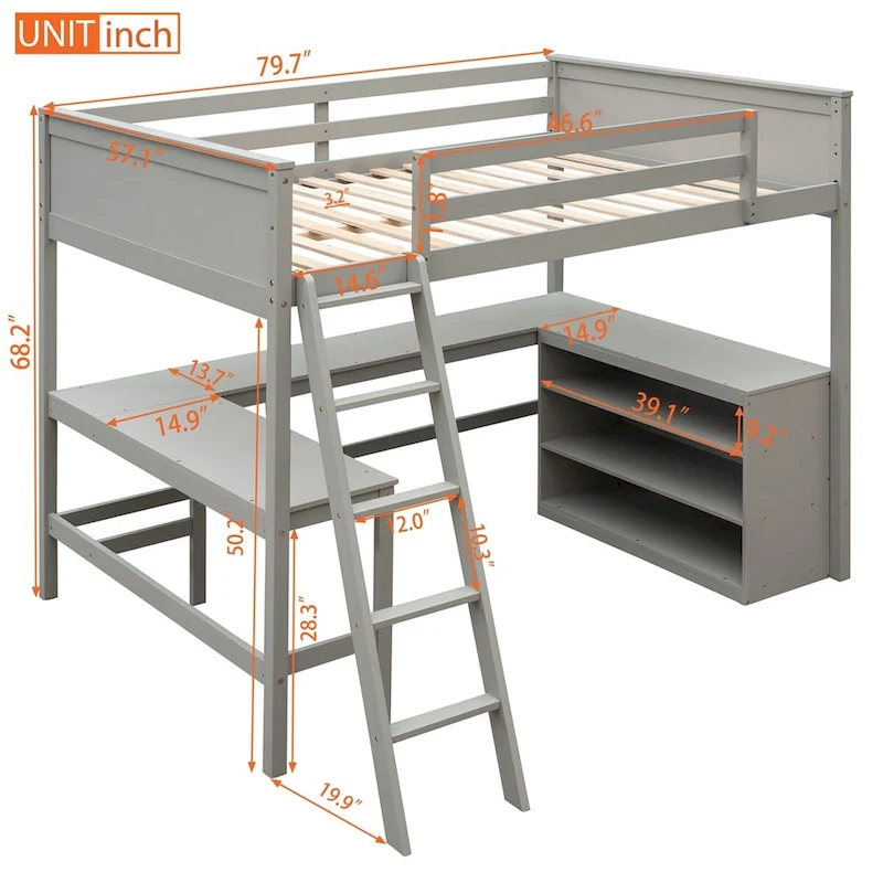 Merax Full Size Loft Bed with Shelves and Desk
