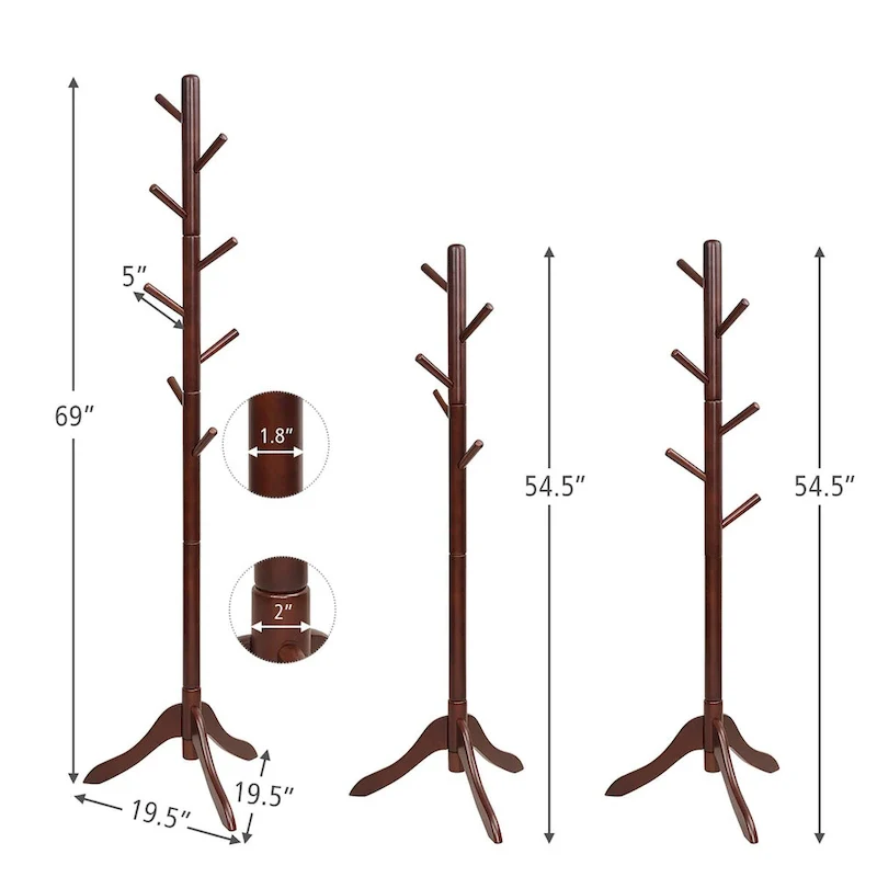 Wooden Coat Rack Stand Hall Tree 2 Adjustable Height w/ 8 Hooks