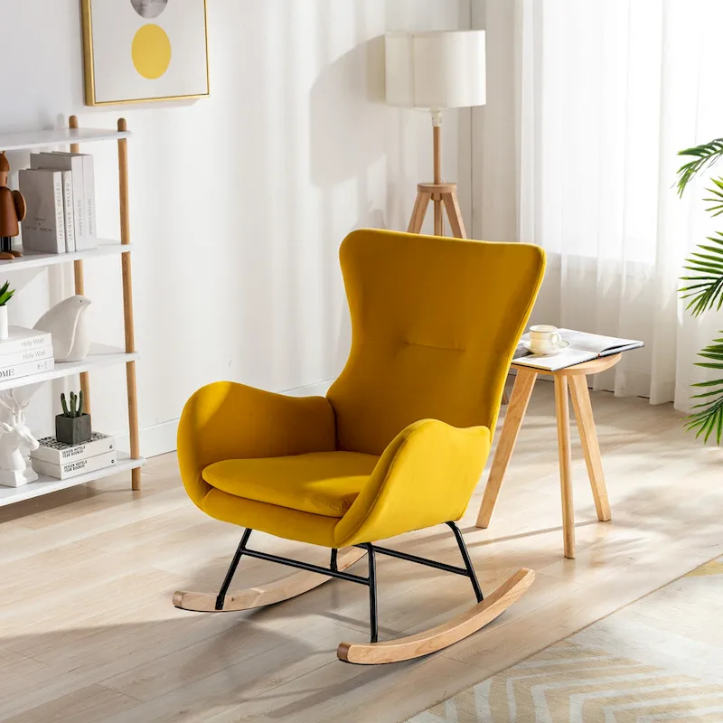 Yellow Modern 33.1 High Back Upholstered Rocking Chair with Rubber Wood Legs and Metal Frame
