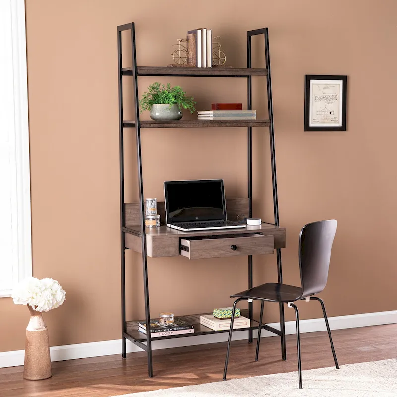 Ladder Desk - Gray Wood, 3 Shelves, 1 Drawer, Wireless Charger, Industrial, 33W x 75.25H
