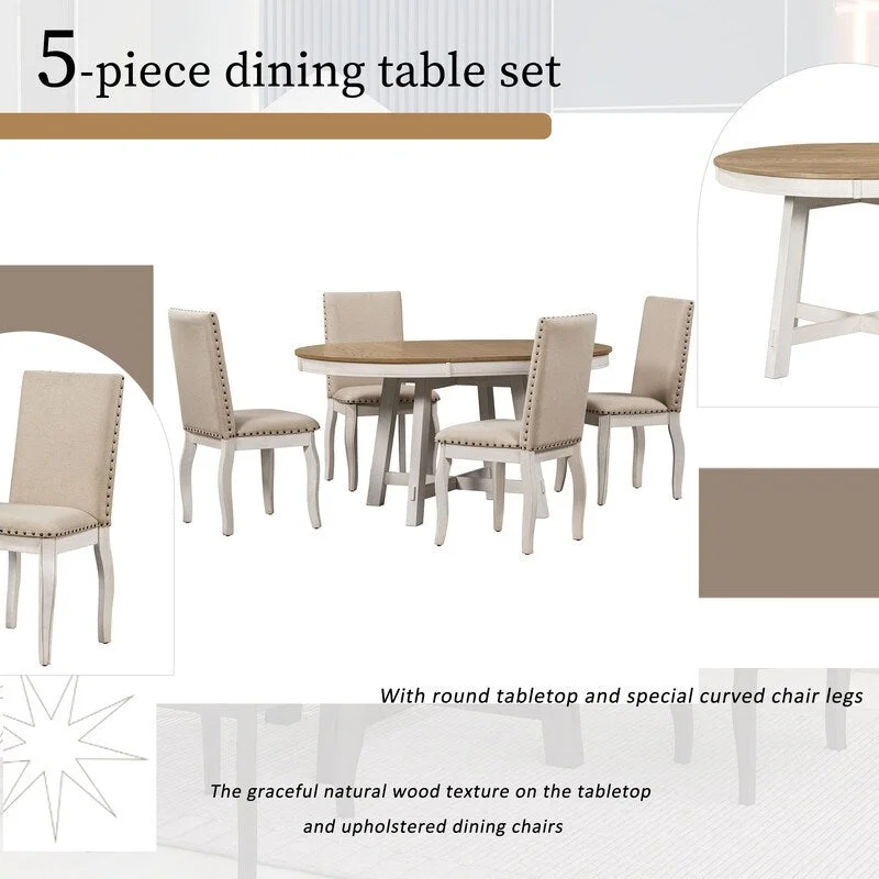 Farmhouse Dining Table Set Wood Round Extendable Dining Table and 4 Upholstered Dining Chairs
