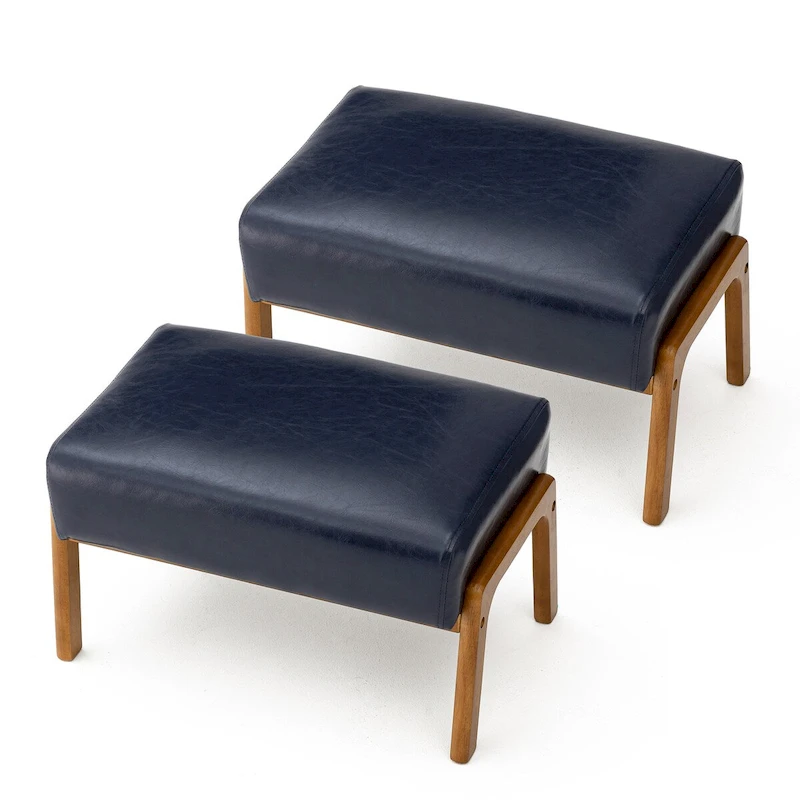 Glitzhome Set of 2 Mid-century Leatherette Ottoman Accent Stools