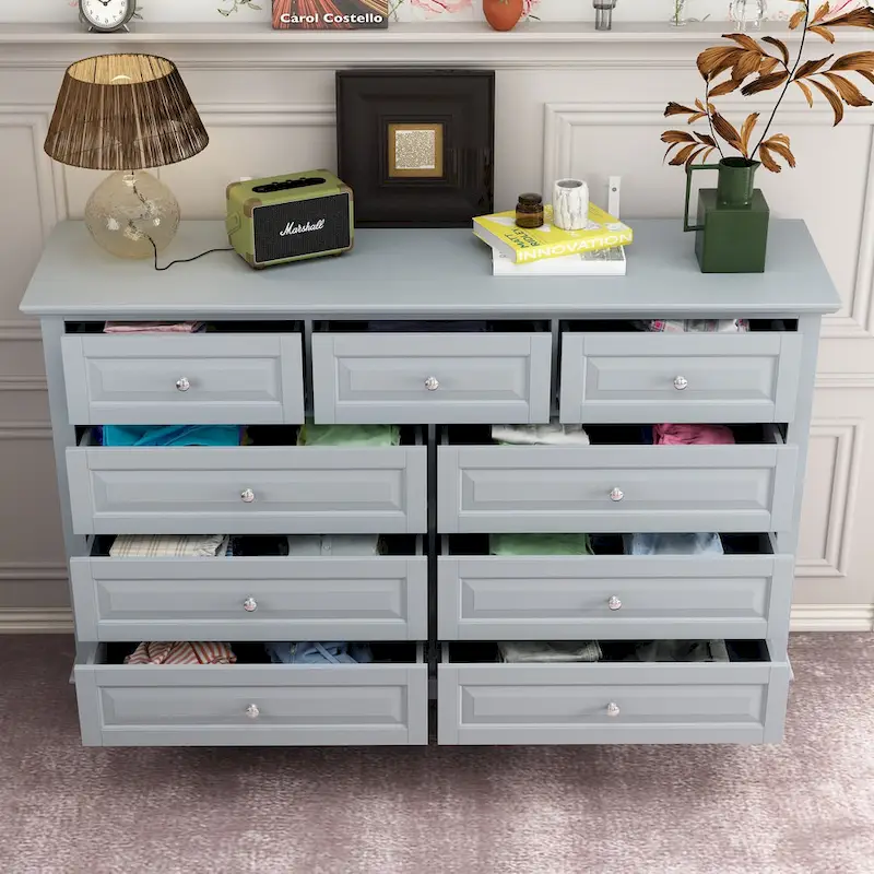 9-Drawer Dresser with Solid Wood Legs Chest Of Drawers Lacquer Console