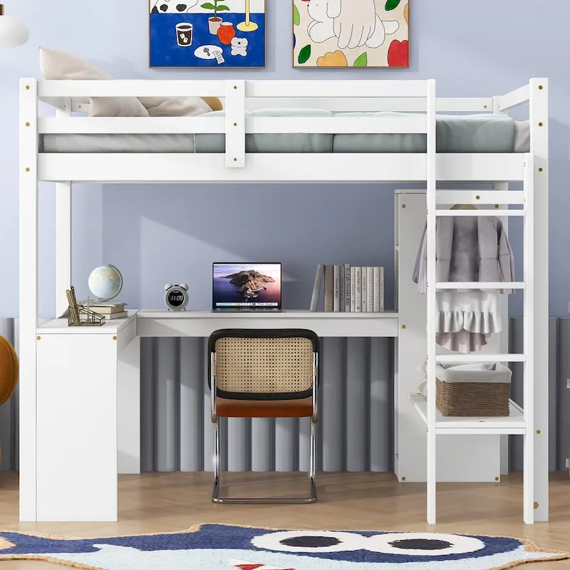 Solid Wood Loft Bed with L-shaped Desk, Wardrobe, and Shelves