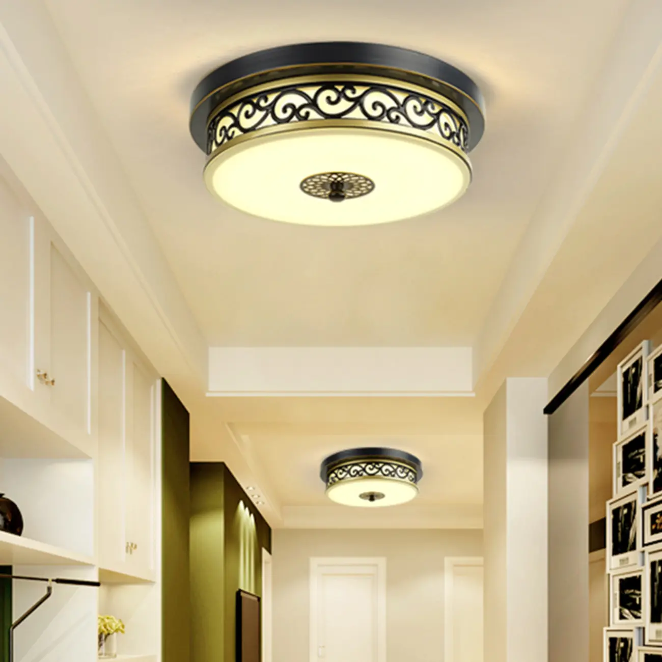 Classic Black Metal Drum Glass Flush Mount Ceiling Light