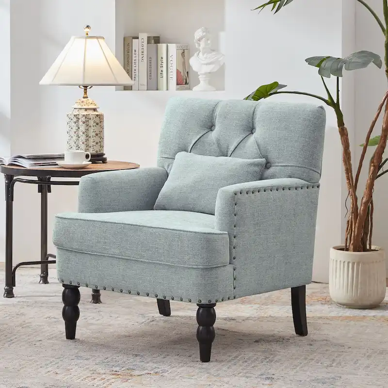 HUIMO Arm Chair Upholstered Button Tufted Accent Chair with Lumbar Pillow Beige/ Grey/ Light Blue/Brown