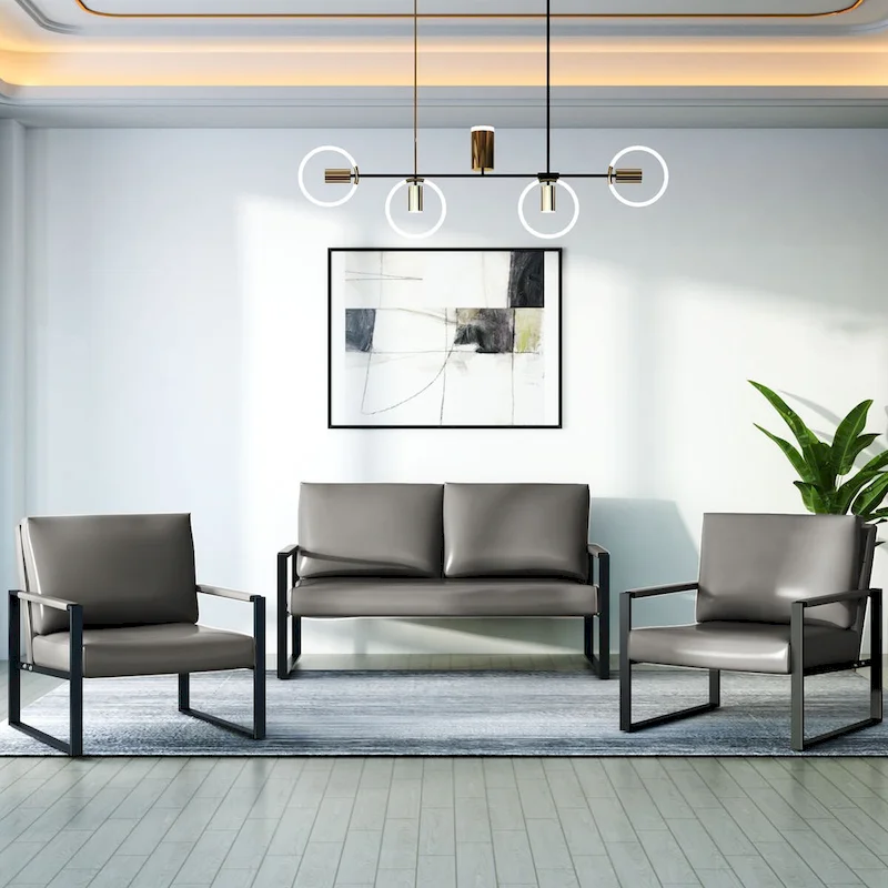 Mieres Mid-Century Style 3-Piece PU Leather Living Room Sofa Set Including 2 Armchairs and 1 Loveseat Sofa