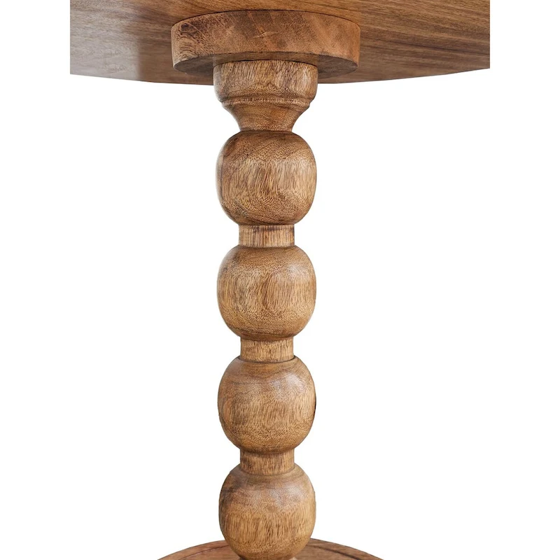 21 Inch Side End Table, Round Top, Stacked Ball Post, Natural Brown Mango Wood