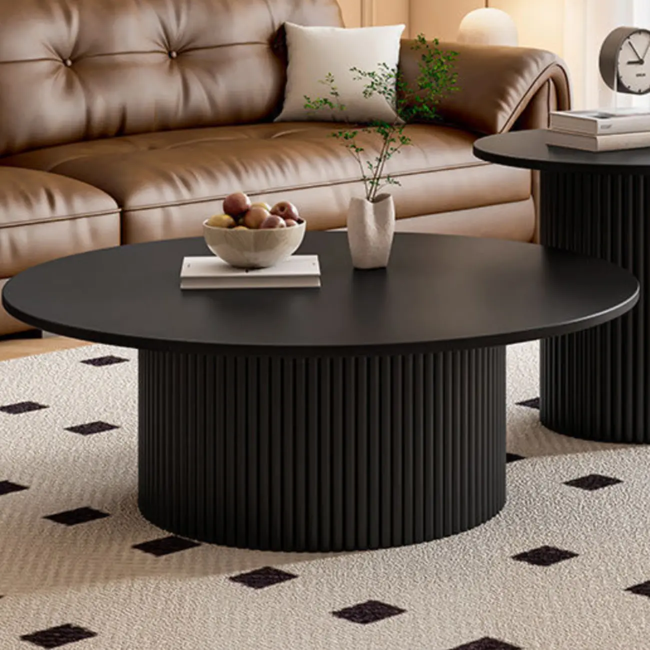 Modern Black Wooden Round Coffee Table Set for Indoor Use