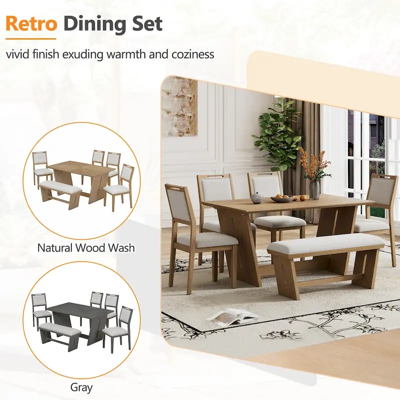 6 Pcs Dining Table Set, Wood Dining Kitchen Table and Chairs Set with Rectangular Table, 4 Upholstered Chairs and 1 Bench