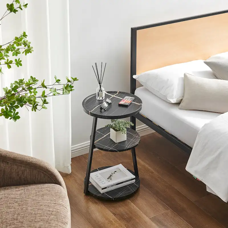 Skylar Round 3-Tier Side Accent Table with Raised Lip Edge Tabletop and Midcentury Modern Metal Asymmetric Pedestal Legs