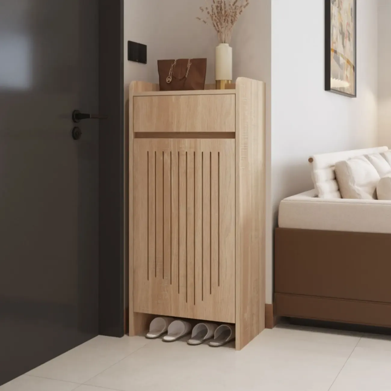 Modern Slim Wood Beige Entryway Shoe Cabinet