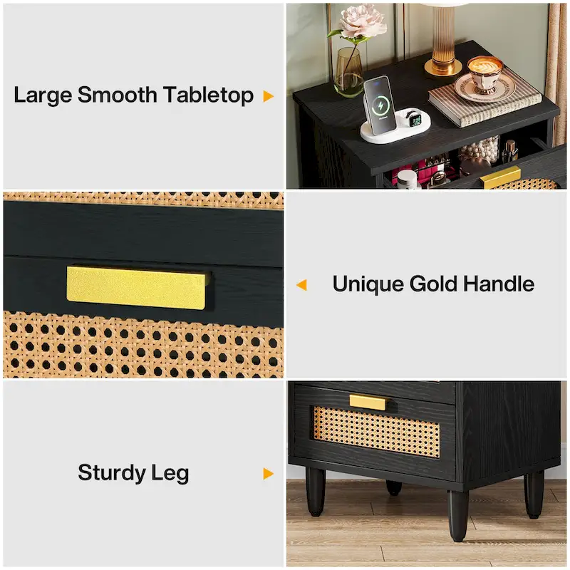 Green Wood Nightstand with Rattan Accents - 3 Drawer (20