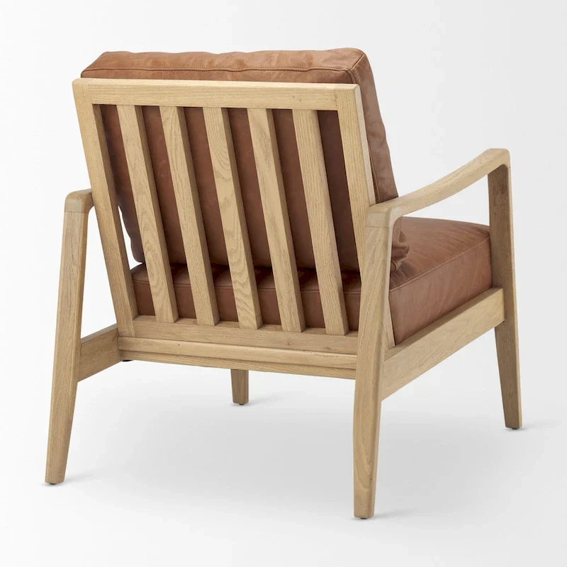 Brown Genuine Leather w/ Light Brown Solid Beechwood Frame Accent Chair - 27.9W x 34D x 34.4H