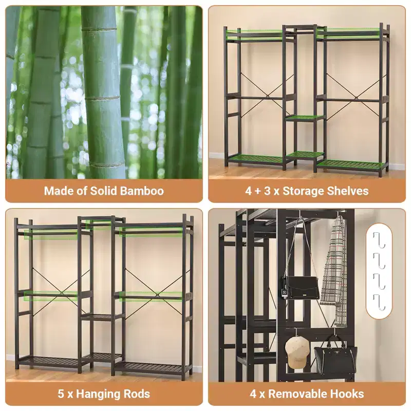 70-In Bamboo Garment Rack with 5 Hanging Rods, Freestanding Closet System with Shelves - Black
