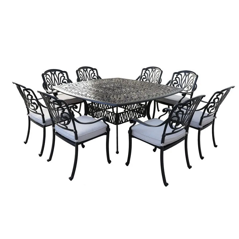 Saratoga 9-piece Gun Metal Aluminum Square Dining Set with 8 Cushioned Arm Dining Chairs